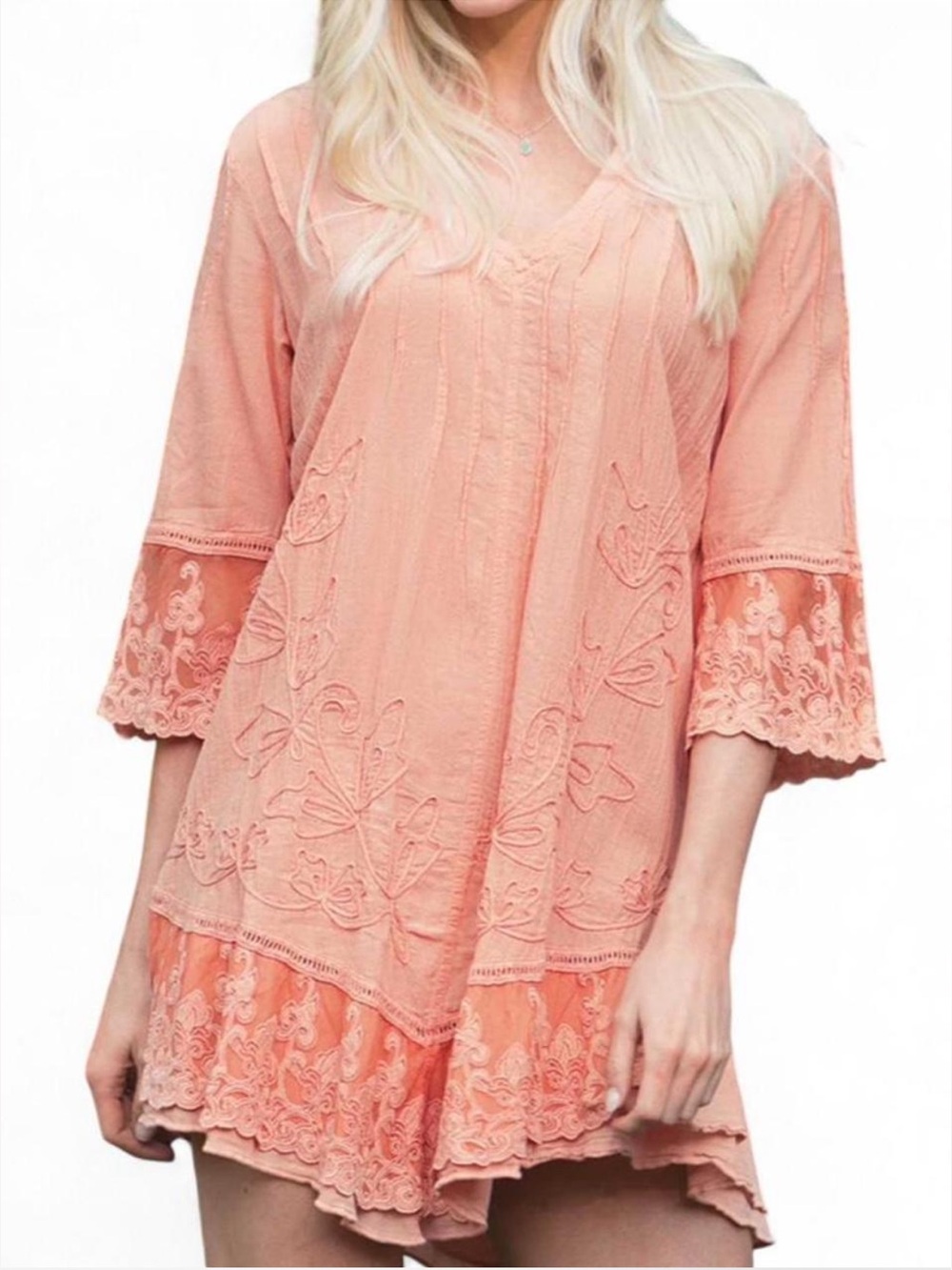 Gretty Zueger LOLA 3/4 Sleeve Cotton Tunic Sz Med Lace Bohemian Dusty Rose